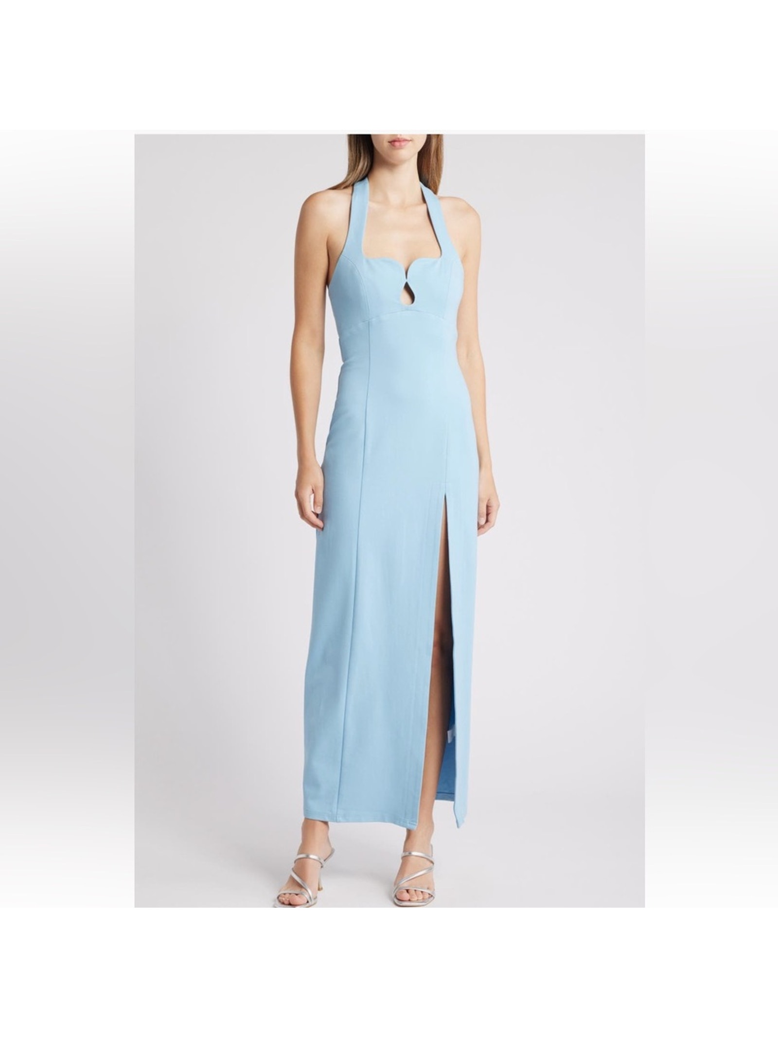 Elliatt Tuning Blue Halter Neck Keyhole High Slit Maxi Gown Dress Size Large New